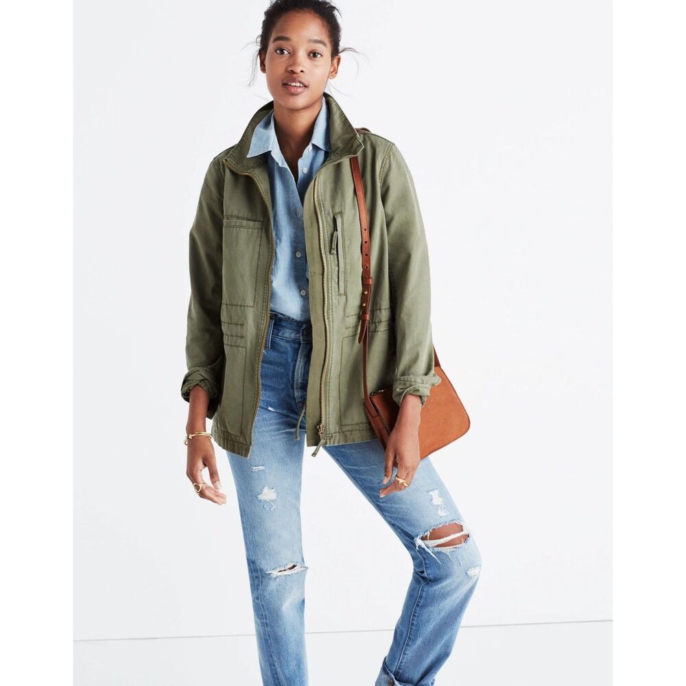 Madewell Fleet Jacket Utility Green Full Zip XS Cotton Drawstring Waist